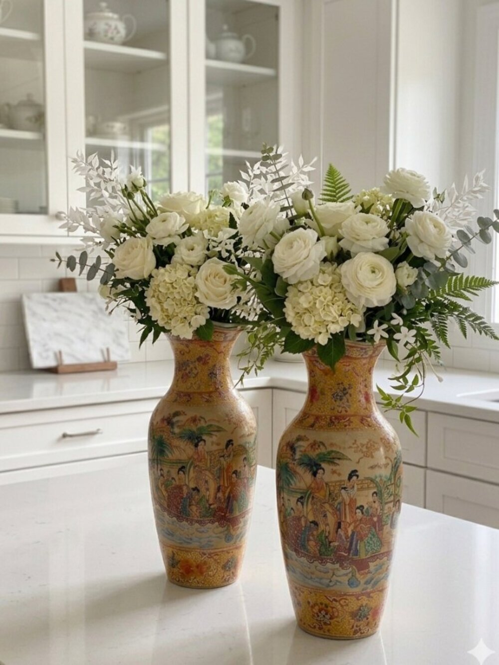 Vintage Japanese Geisha Girl Hand Painted Vases 2 Piece Set